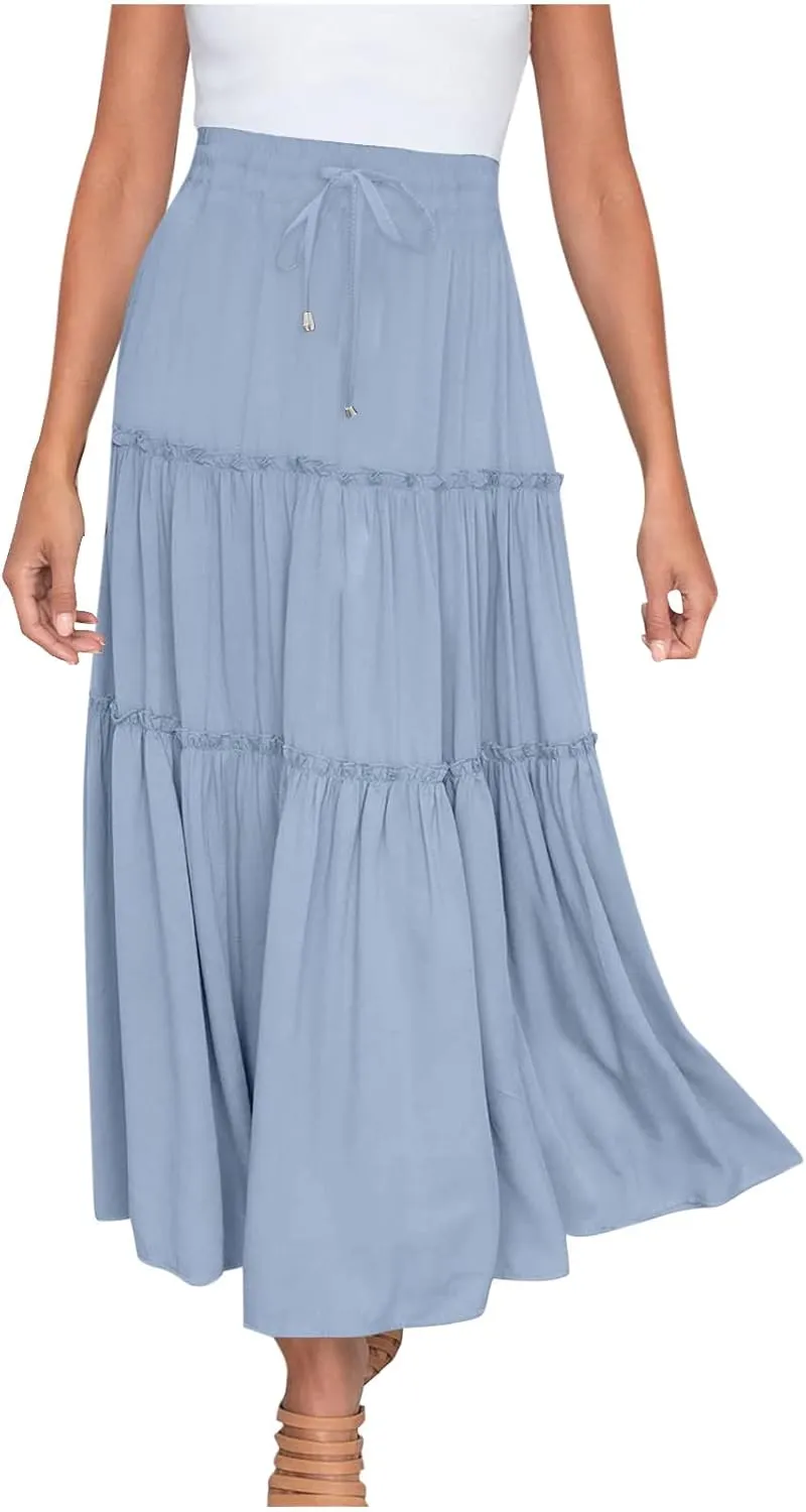 Women's Flowy Boho Maxi Skirt Summer Long Skirts Trendy High Waist Pleated Tiered A Line Beach Mid Calf Skirt