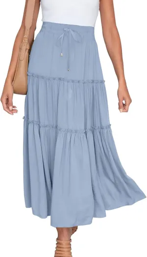 Women's Flowy Boho Maxi Skirt Summer Long Skirts Trendy High Waist Pleated Tiered A Line Beach Mid Calf Skirt