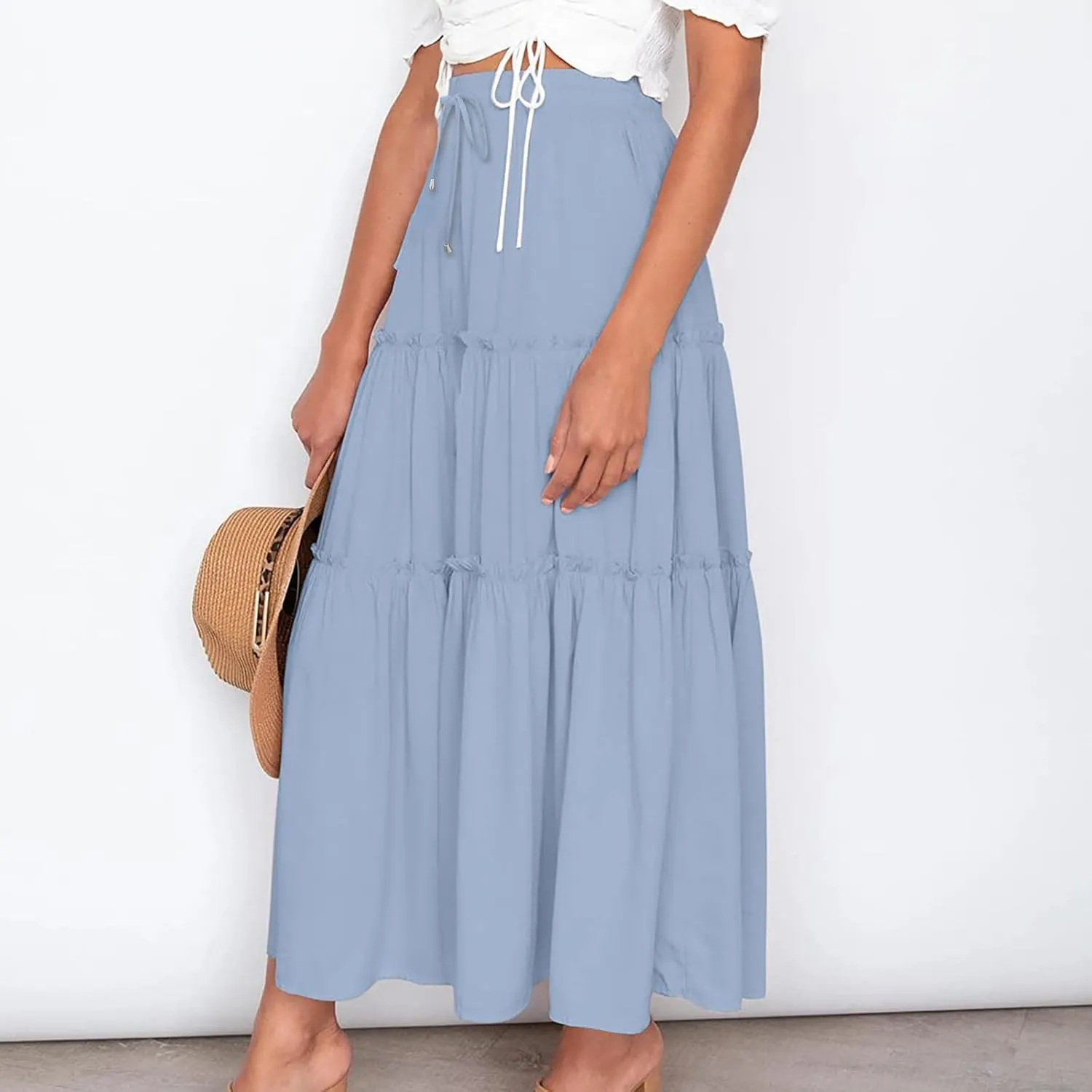 Women's Flowy Boho Maxi Skirt Summer Long Skirts Trendy High Waist Pleated Tiered A Line Beach Mid Calf Skirt