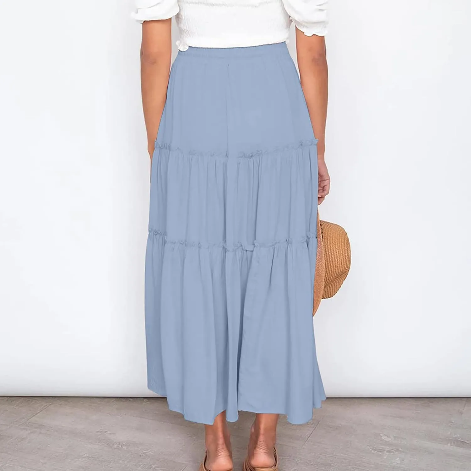 Women's Flowy Boho Maxi Skirt Summer Long Skirts Trendy High Waist Pleated Tiered A Line Beach Mid Calf Skirt