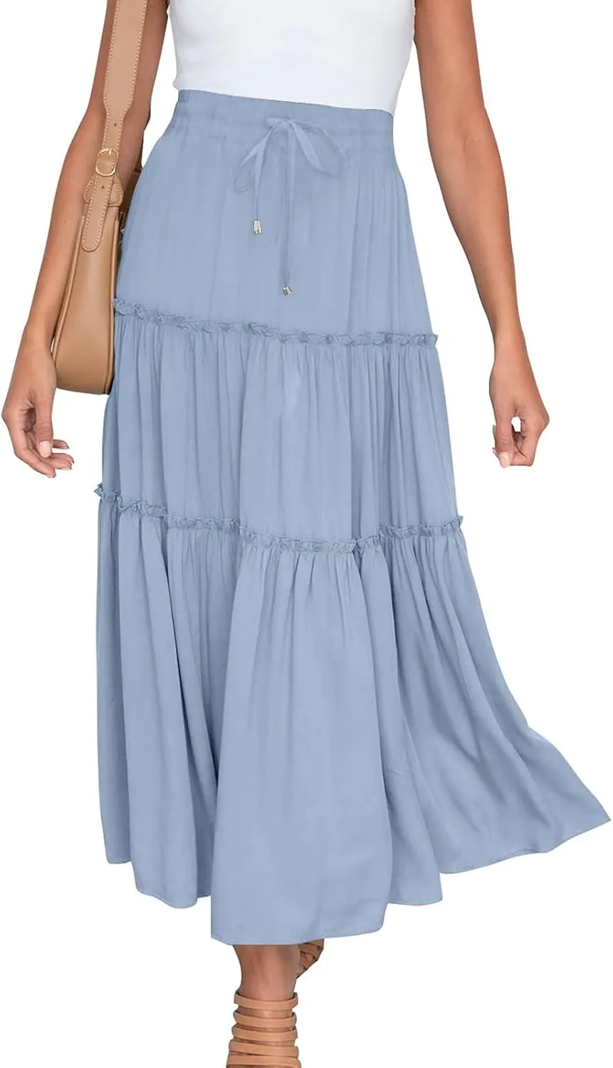 Women's Flowy Boho Maxi Skirt Summer Long Skirts Trendy High Waist Pleated Tiered A Line Beach Mid Calf Skirt