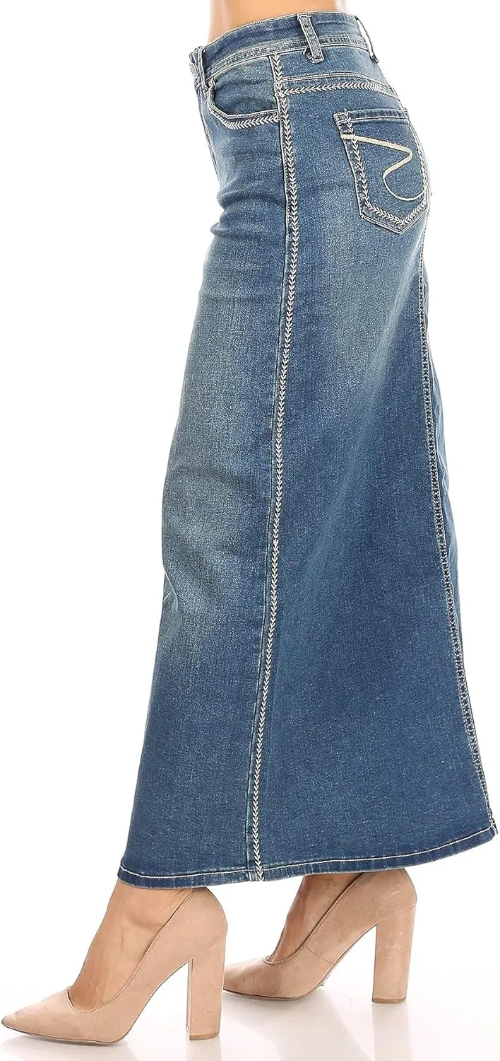 Womens Juniors/Plus Size High Waist Long/Knee Length Midi Pencil Denim Skirt