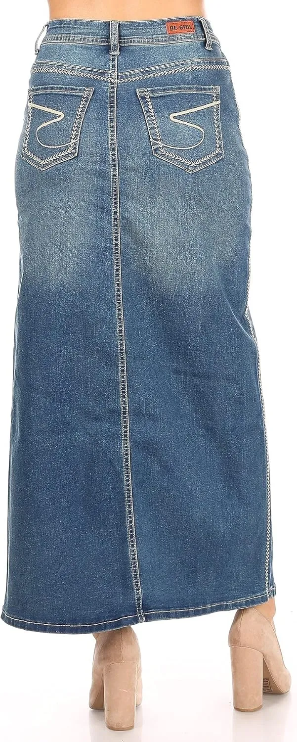Womens Juniors/Plus Size High Waist Long/Knee Length Midi Pencil Denim Skirt