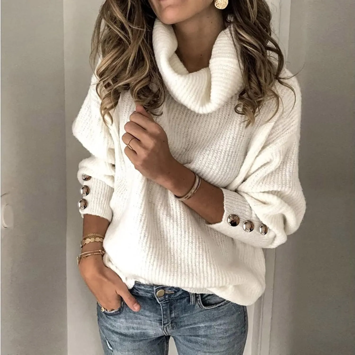 Womens Knitted Sweaters Long Sleeve Casual Tops Solid Color Sweaters Winter Fashion Tops Loose Fitting Tops Blouse