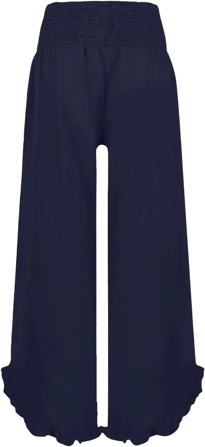 Womens Linen Capri Pants Smocked High Waisted Wide Leg Lounge Casual Trousers Hawaiian Summer Beach Pants with Pockets
