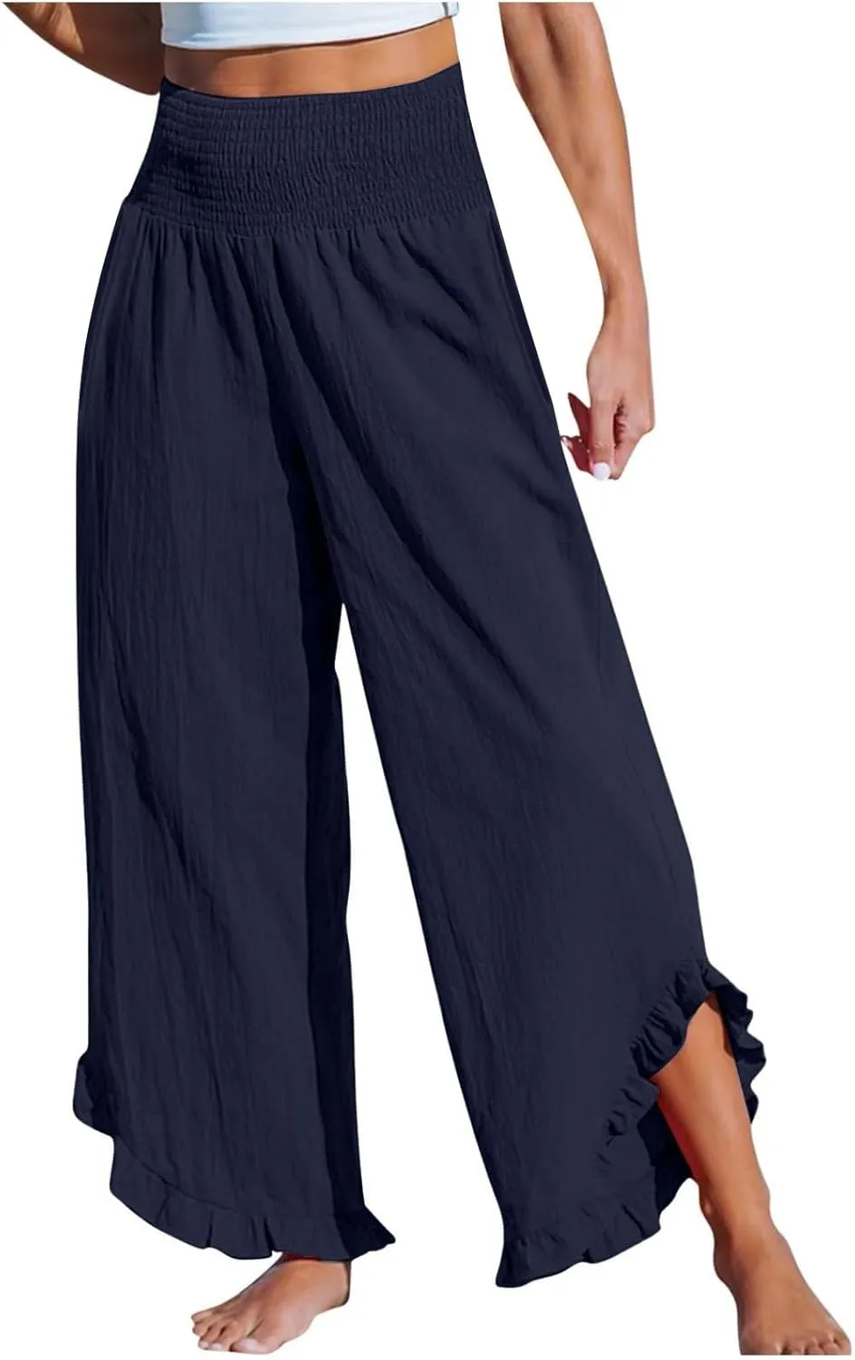 Womens Linen Capri Pants Smocked High Waisted Wide Leg Lounge Casual Trousers Hawaiian Summer Beach Pants with Pockets