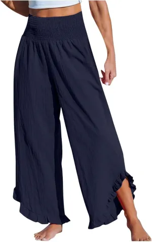 Womens Linen Capri Pants Smocked High Waisted Wide Leg Lounge Casual Trousers Hawaiian Summer Beach Pants with Pockets