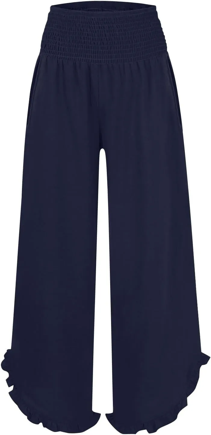 Womens Linen Capri Pants Smocked High Waisted Wide Leg Lounge Casual Trousers Hawaiian Summer Beach Pants with Pockets