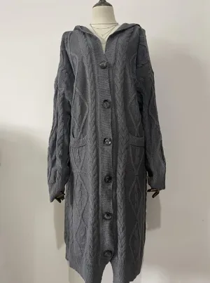 Women's Long Cardigans Chunky Cable Knit Sweater Coat Open Front Button Down Coatigan Oversized Cardigans with Hood