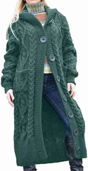 Women's Long Cardigans Chunky Cable Knit Sweater Coat Open Front Button Down Coatigan Oversized Cardigans with Hood