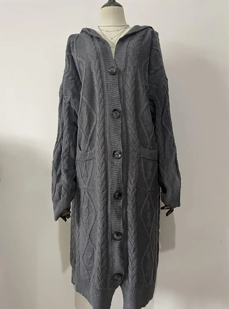 Women's Long Cardigans Chunky Cable Knit Sweater Coat Open Front Button Down Coatigan Oversized Cardigans with Hood