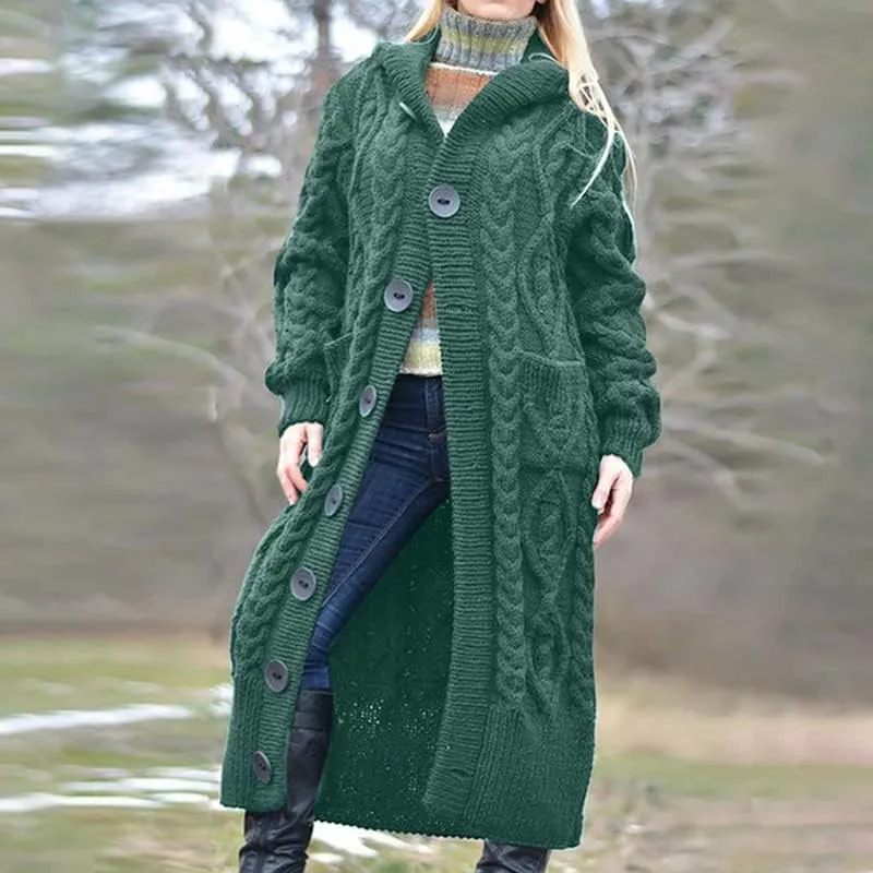 Women's Long Cardigans Chunky Cable Knit Sweater Coat Open Front Button Down Coatigan Oversized Cardigans with Hood