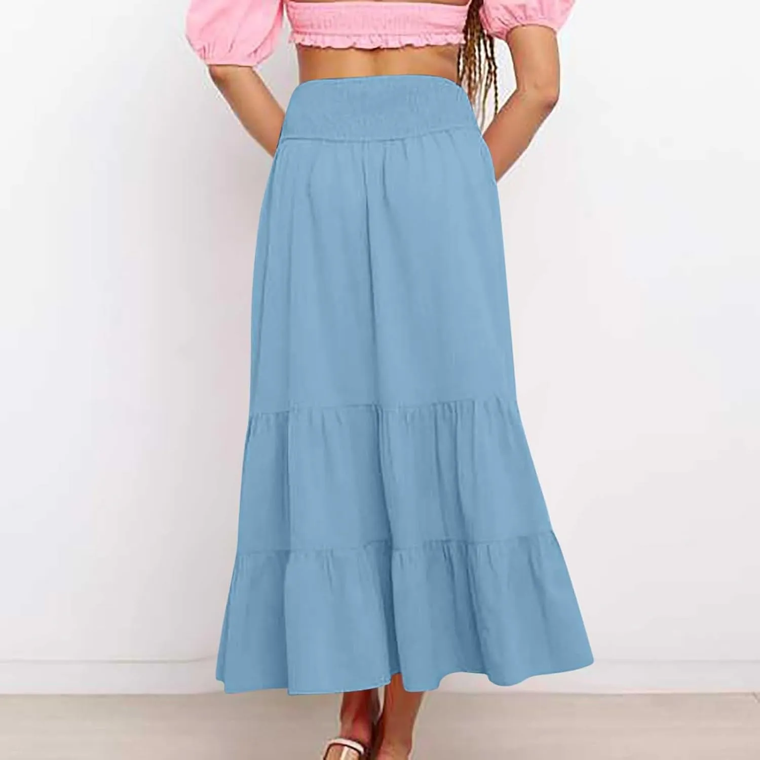Women's Long Skirts A Line Summer Maxi Skirts High Waisted Tiered Boho Flowy Skirts Beach Vacation Casual Skirts