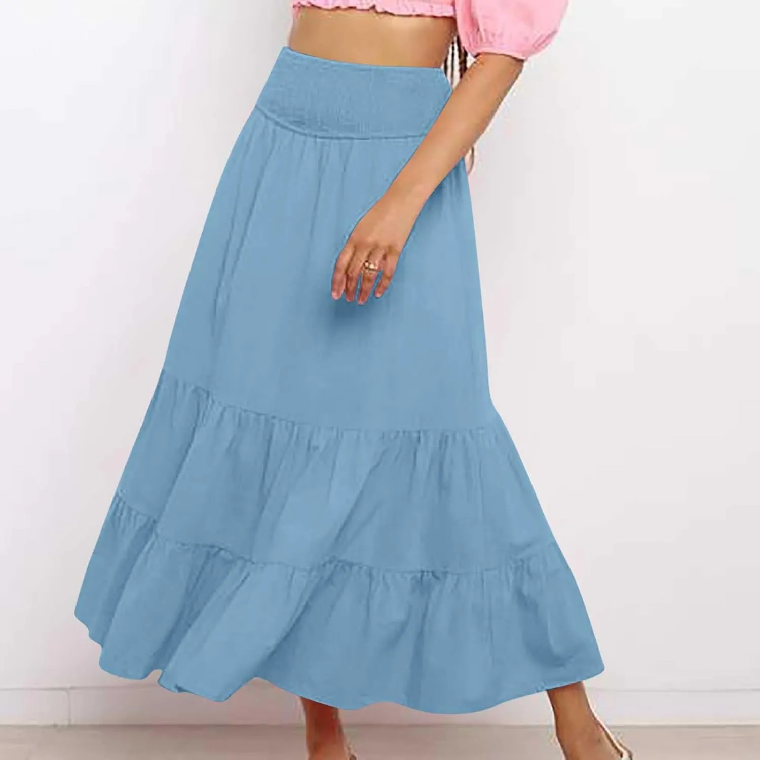 Women's Long Skirts A Line Summer Maxi Skirts High Waisted Tiered Boho Flowy Skirts Beach Vacation Casual Skirts