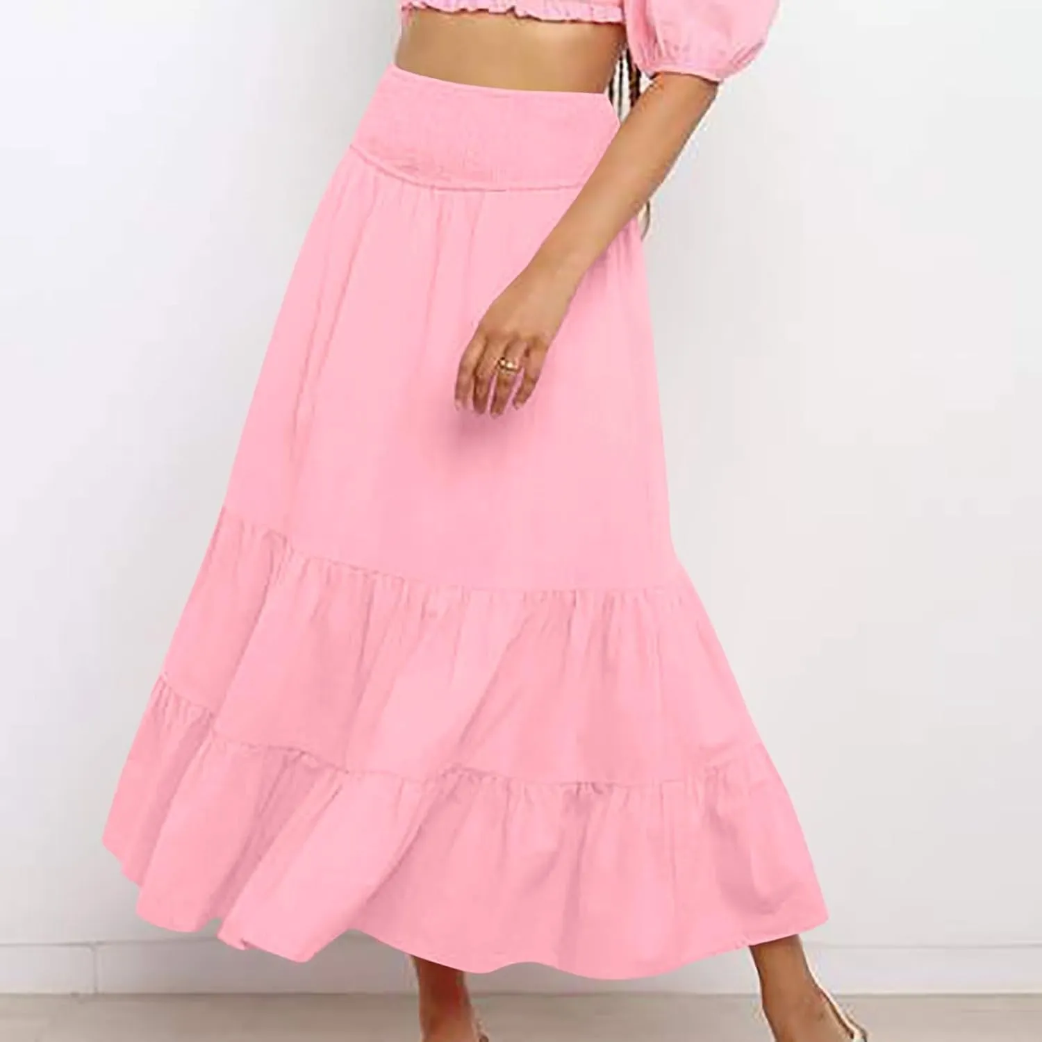 Women's Long Skirts A Line Summer Maxi Skirts High Waisted Tiered Boho Flowy Skirts Beach Vacation Casual Skirts