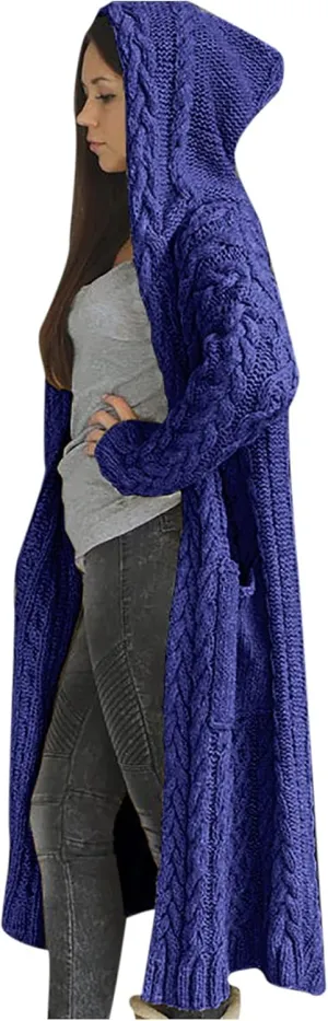 Womens Long Sleeve Cardigan Cable Knit Open Front Solid Color Hooded Sweaters Casual Fashion Fall Outerwear Coat with Pocket