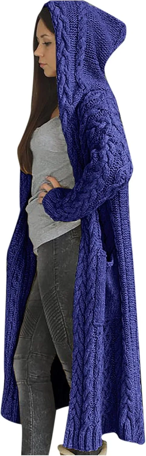 Womens Long Sleeve Cardigan Cable Knit Open Front Solid Color Hooded Sweaters Casual Fashion Fall Outerwear Coat with Pocket