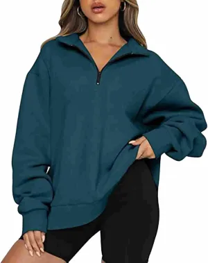 Womens Long Sleeve Hoodless Sweatshirt Trendy Quarter Zip Athletic Casual Pullover Tops Fall Warm Solid Color Top