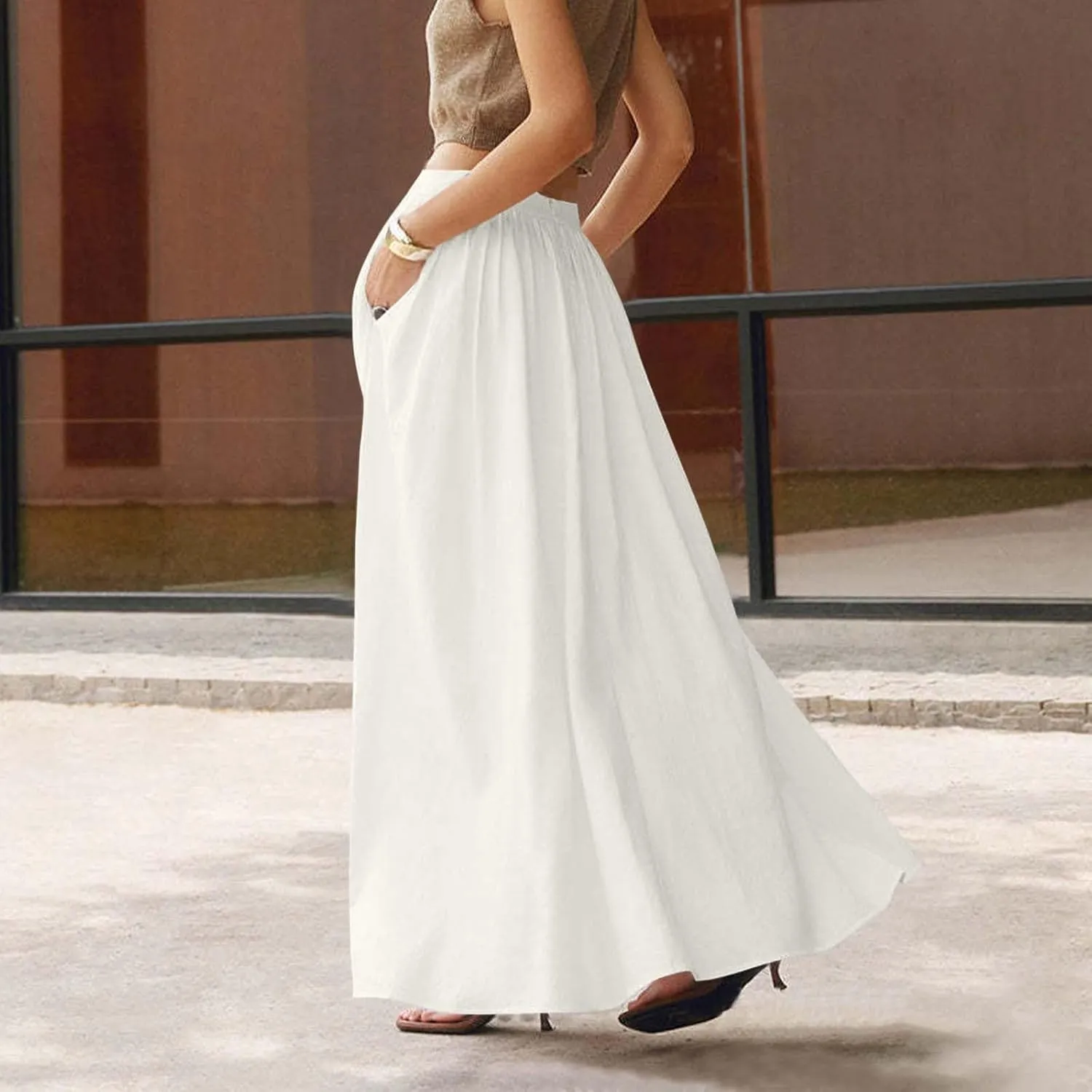 Womens Maxi Skirts with Pockets Summer A Line Skirts Flowy Beach Skirts Vacation Pleated Skirts Long Boho Skirts
