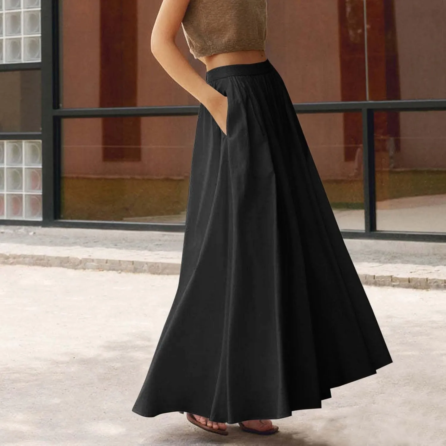 Womens Maxi Skirts with Pockets Summer A Line Skirts Flowy Beach Skirts Vacation Pleated Skirts Long Boho Skirts