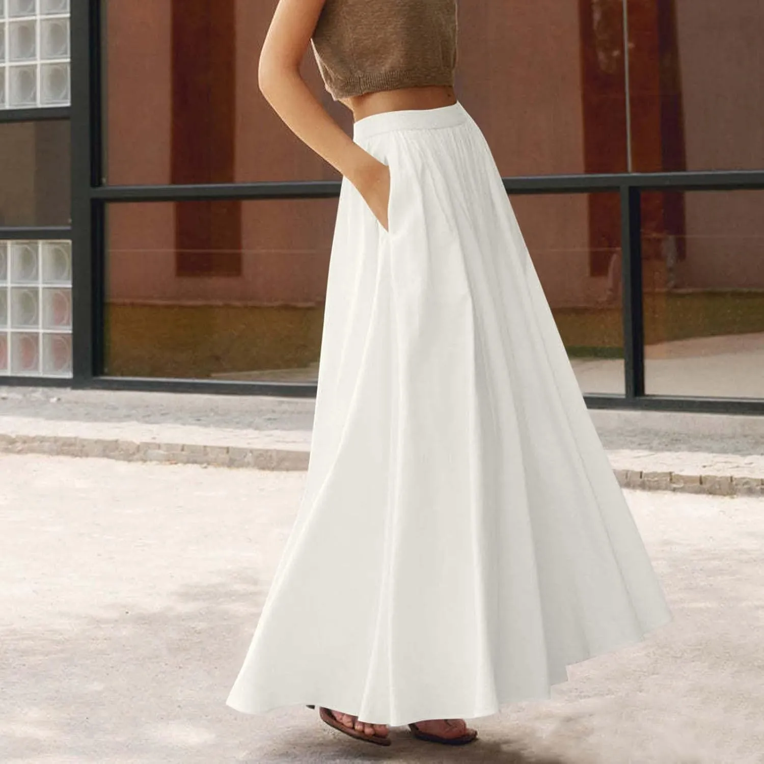 Womens Maxi Skirts with Pockets Summer A Line Skirts Flowy Beach Skirts Vacation Pleated Skirts Long Boho Skirts