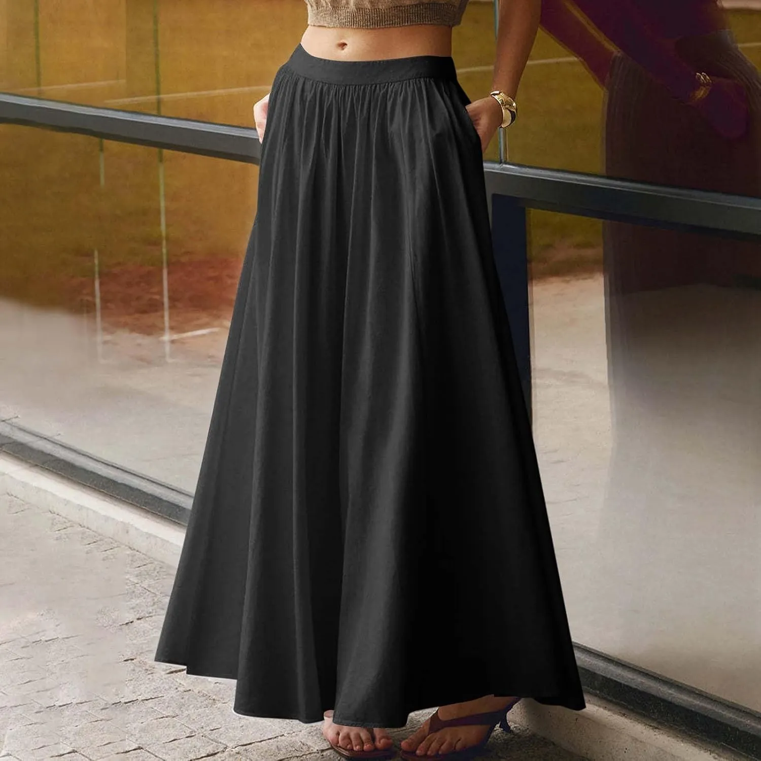 Womens Maxi Skirts with Pockets Summer A Line Skirts Flowy Beach Skirts Vacation Pleated Skirts Long Boho Skirts