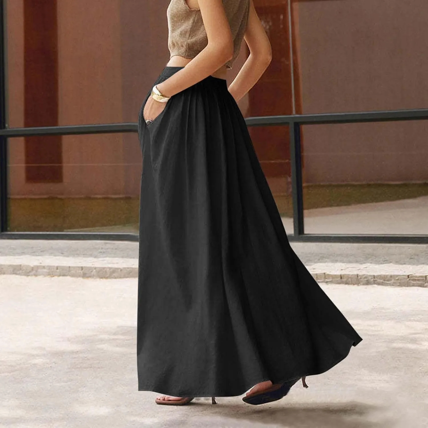 Womens Maxi Skirts with Pockets Summer A Line Skirts Flowy Beach Skirts Vacation Pleated Skirts Long Boho Skirts