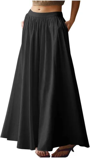 Womens Maxi Skirts with Pockets Summer A Line Skirts Flowy Beach Skirts Vacation Pleated Skirts Long Boho Skirts