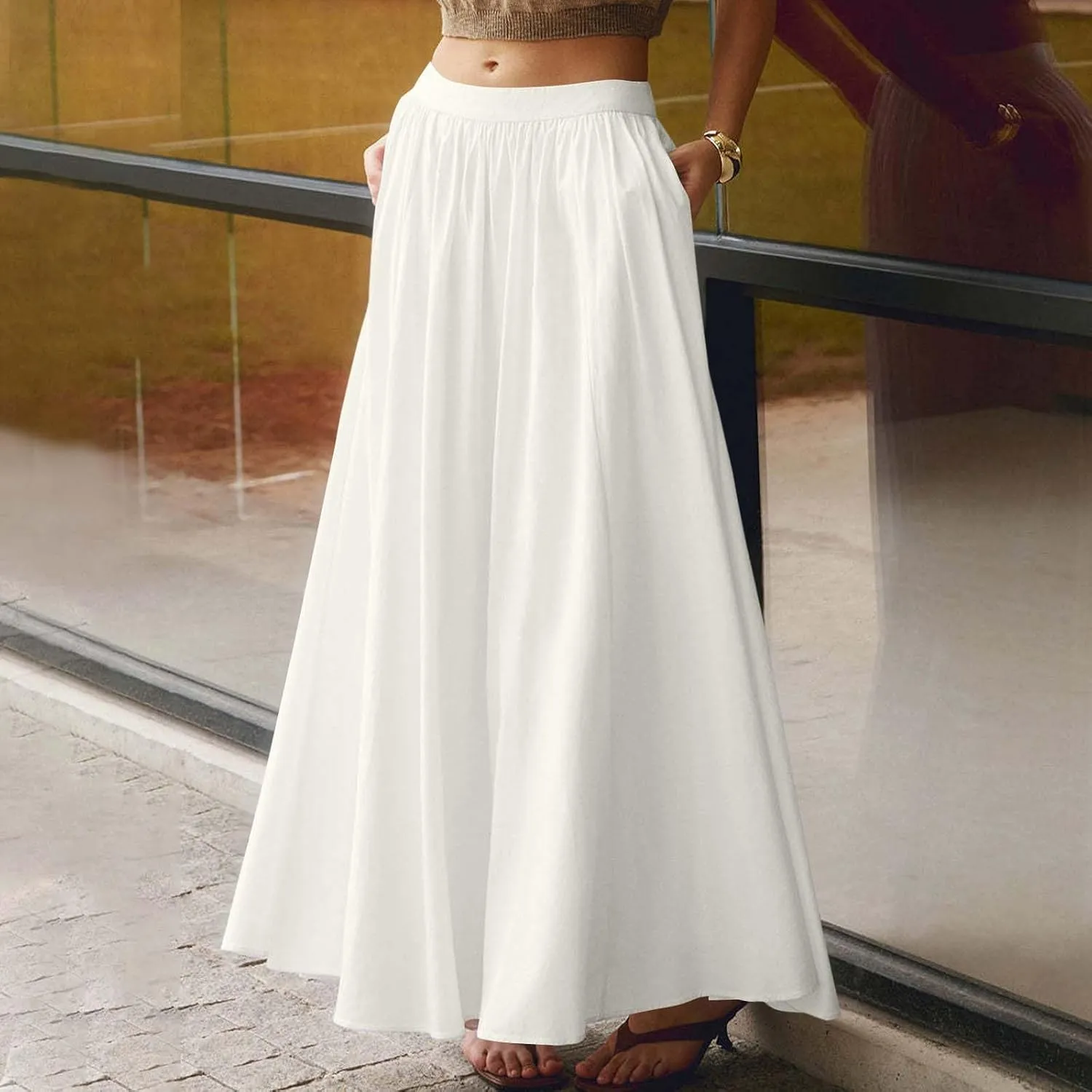 Womens Maxi Skirts with Pockets Summer A Line Skirts Flowy Beach Skirts Vacation Pleated Skirts Long Boho Skirts