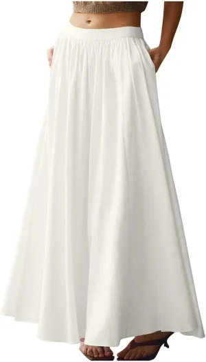 Womens Maxi Skirts with Pockets Summer A Line Skirts Flowy Beach Skirts Vacation Pleated Skirts Long Boho Skirts