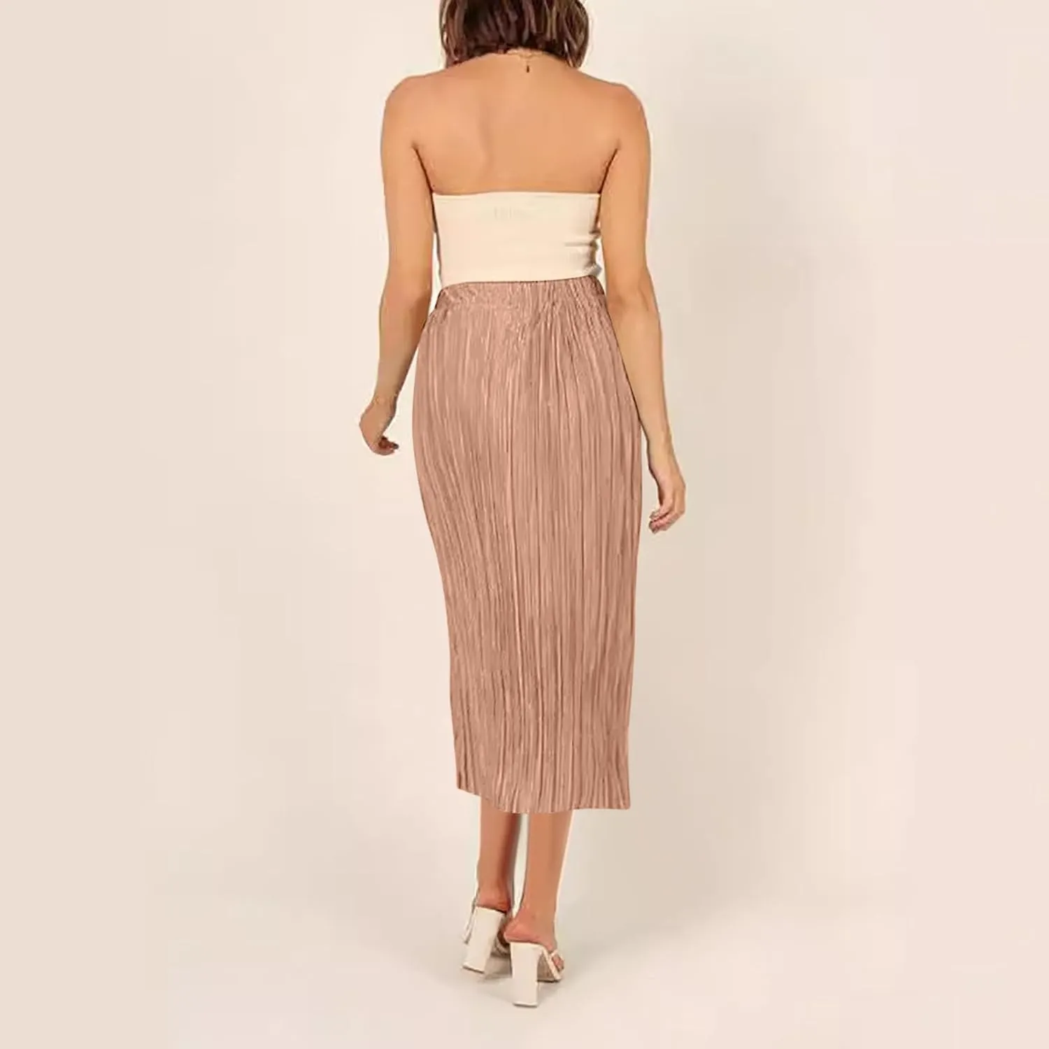 Women's Midi Casual Skirts Elastic Waist Pleated Skirts Split Hem Work Skirts Trendy Long Skirts for Party Night Club