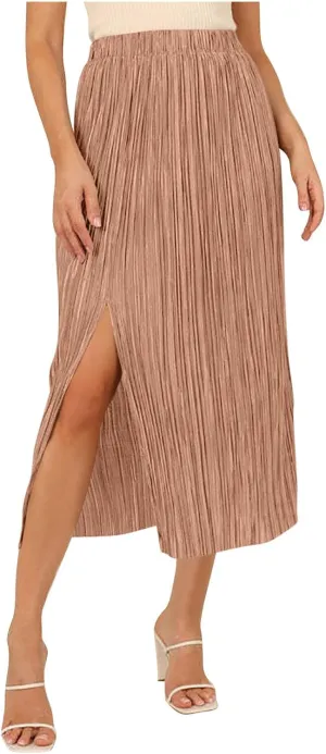Women's Midi Casual Skirts Elastic Waist Pleated Skirts Split Hem Work Skirts Trendy Long Skirts for Party Night Club