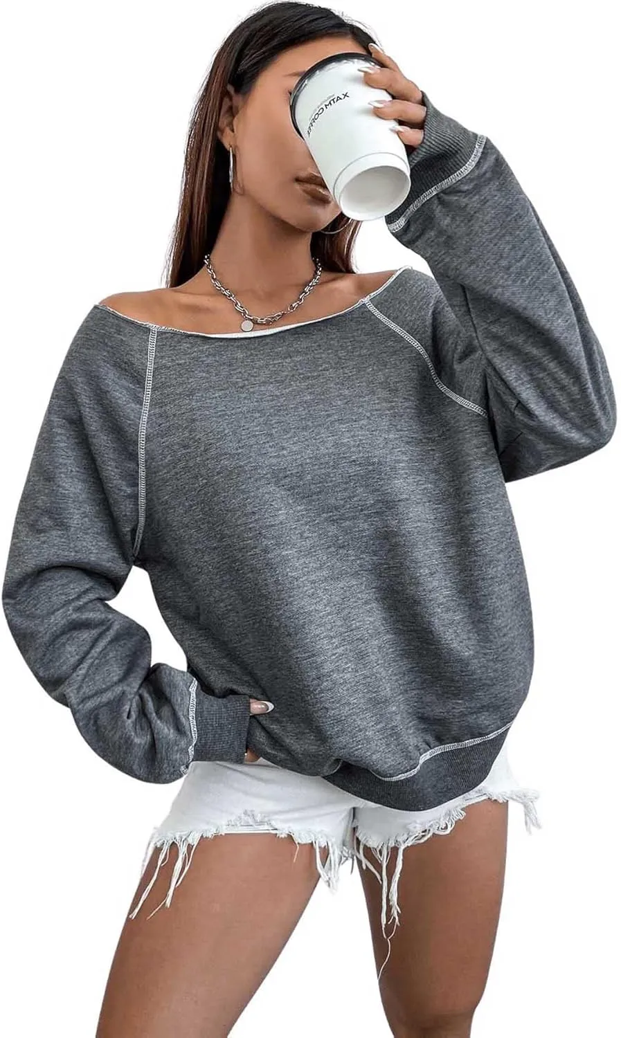 Women's Off The Shoulder Sweatshirts Long Sleeve Pullover Tops Trendy Y2k Fall Tops