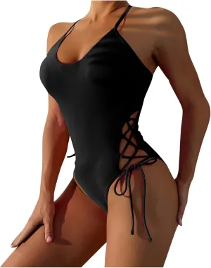 Womens One Piece Swimsuit High Waist Side Criss Cross Drawstring Bathing Suits Tummy Control Swimwear Backless Bikini