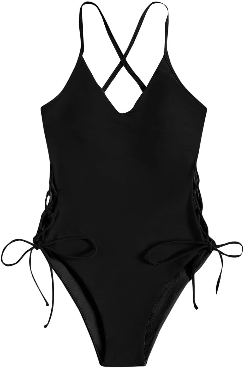 Womens One Piece Swimsuit High Waist Side Criss Cross Drawstring Bathing Suits Tummy Control Swimwear Backless Bikini