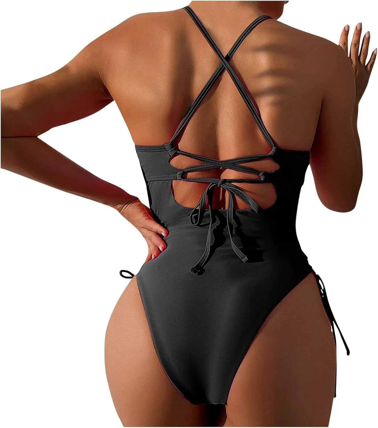 Womens One Piece Swimsuit High Waist Side Criss Cross Drawstring Bathing Suits Tummy Control Swimwear Backless Bikini