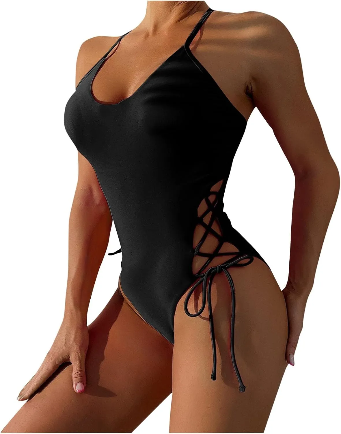 Womens One Piece Swimsuit High Waist Side Criss Cross Drawstring Bathing Suits Tummy Control Swimwear Backless Bikini