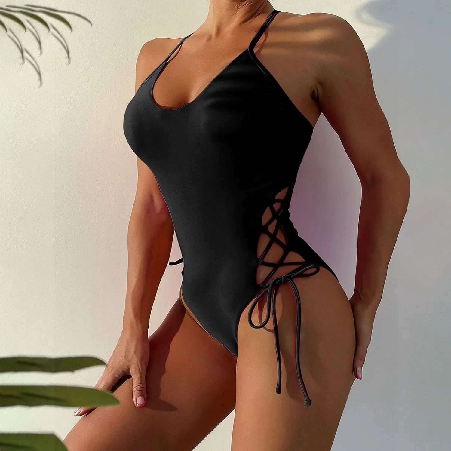 Womens One Piece Swimsuit High Waist Side Criss Cross Drawstring Bathing Suits Tummy Control Swimwear Backless Bikini