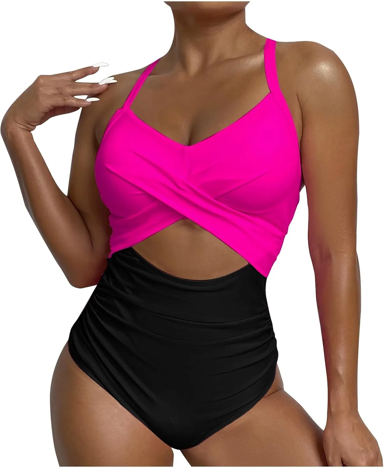 Women's One Piece Swimsuits Tummy Control Cutout High Cut Halter Bathing Suit Crisscross Backless Monokini Swimsuit