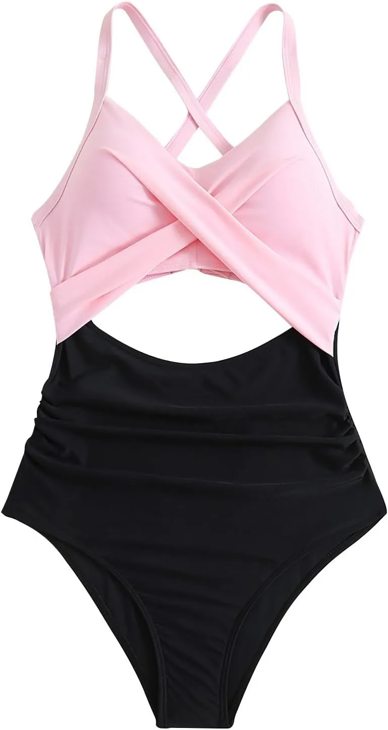 Women's One Piece Swimsuits Tummy Control Cutout High Cut Halter Bathing Suit Crisscross Backless Monokini Swimsuit