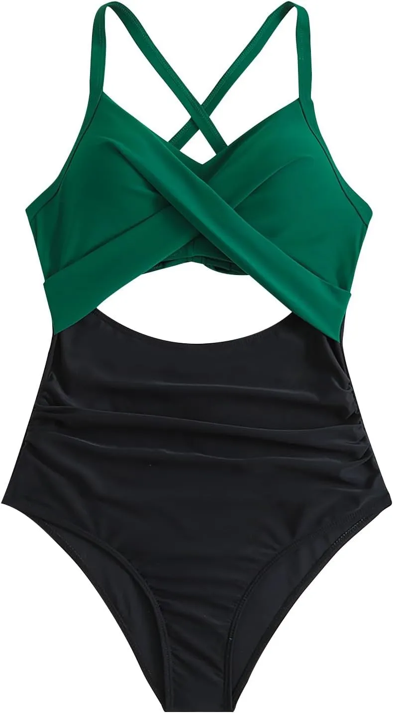 Women's One Piece Swimsuits Tummy Control Cutout High Cut Halter Bathing Suit Crisscross Backless Monokini Swimsuit