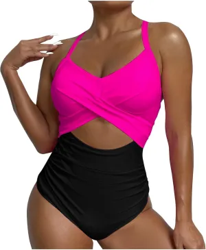 Women's One Piece Swimsuits Tummy Control Cutout High Cut Halter Bathing Suit Crisscross Backless Monokini Swimsuit