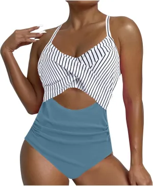 Women's One Piece Swimsuits Tummy Control Cutout High Cut Halter Bathing Suit Crisscross Backless Monokini Swimsuit