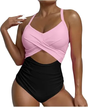 Women's One Piece Swimsuits Tummy Control Cutout High Cut Halter Bathing Suit Crisscross Backless Monokini Swimsuit