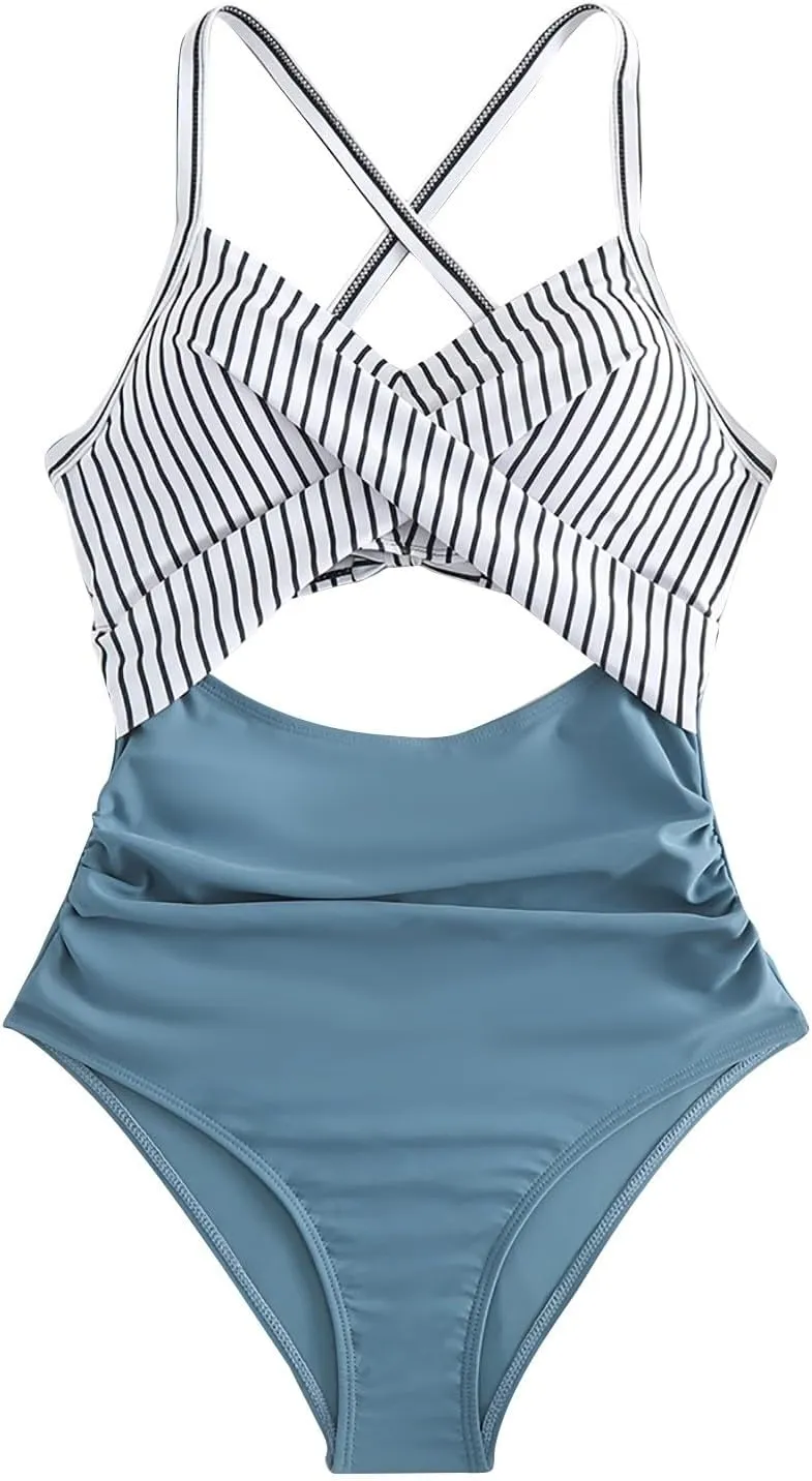 Women's One Piece Swimsuits Tummy Control Cutout High Cut Halter Bathing Suit Crisscross Backless Monokini Swimsuit