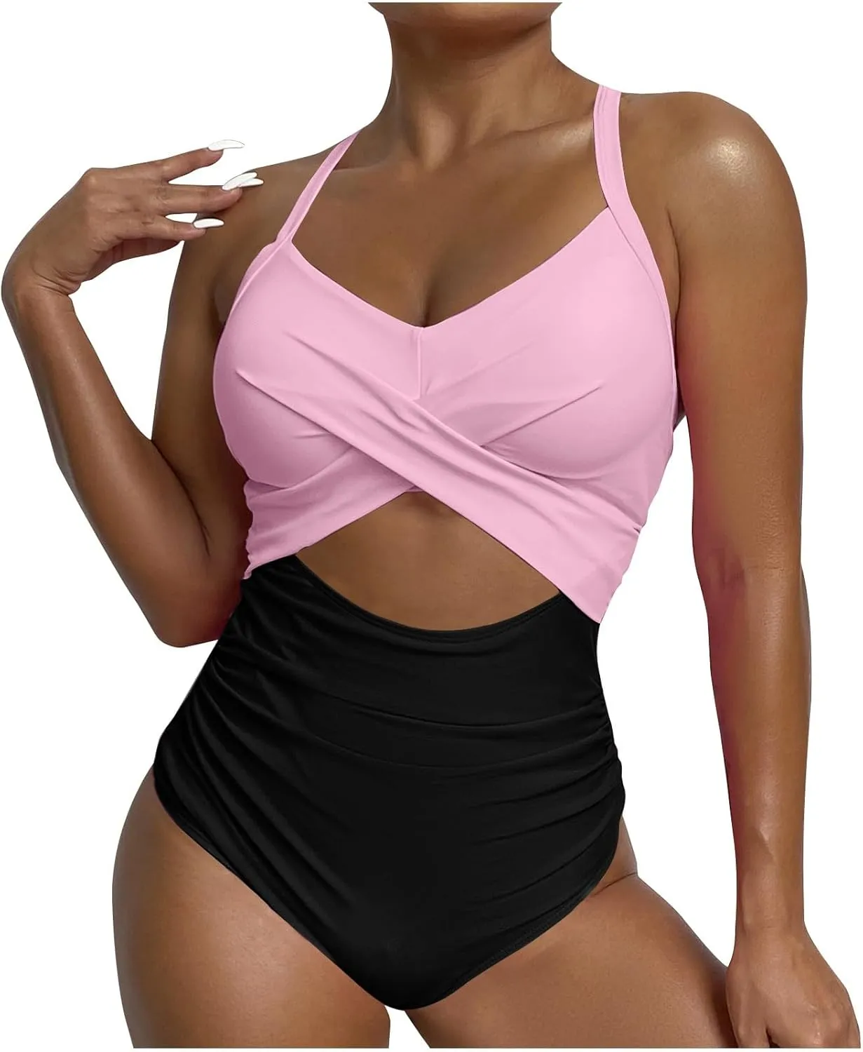 Women's One Piece Swimsuits Tummy Control Cutout High Cut Halter Bathing Suit Crisscross Backless Monokini Swimsuit