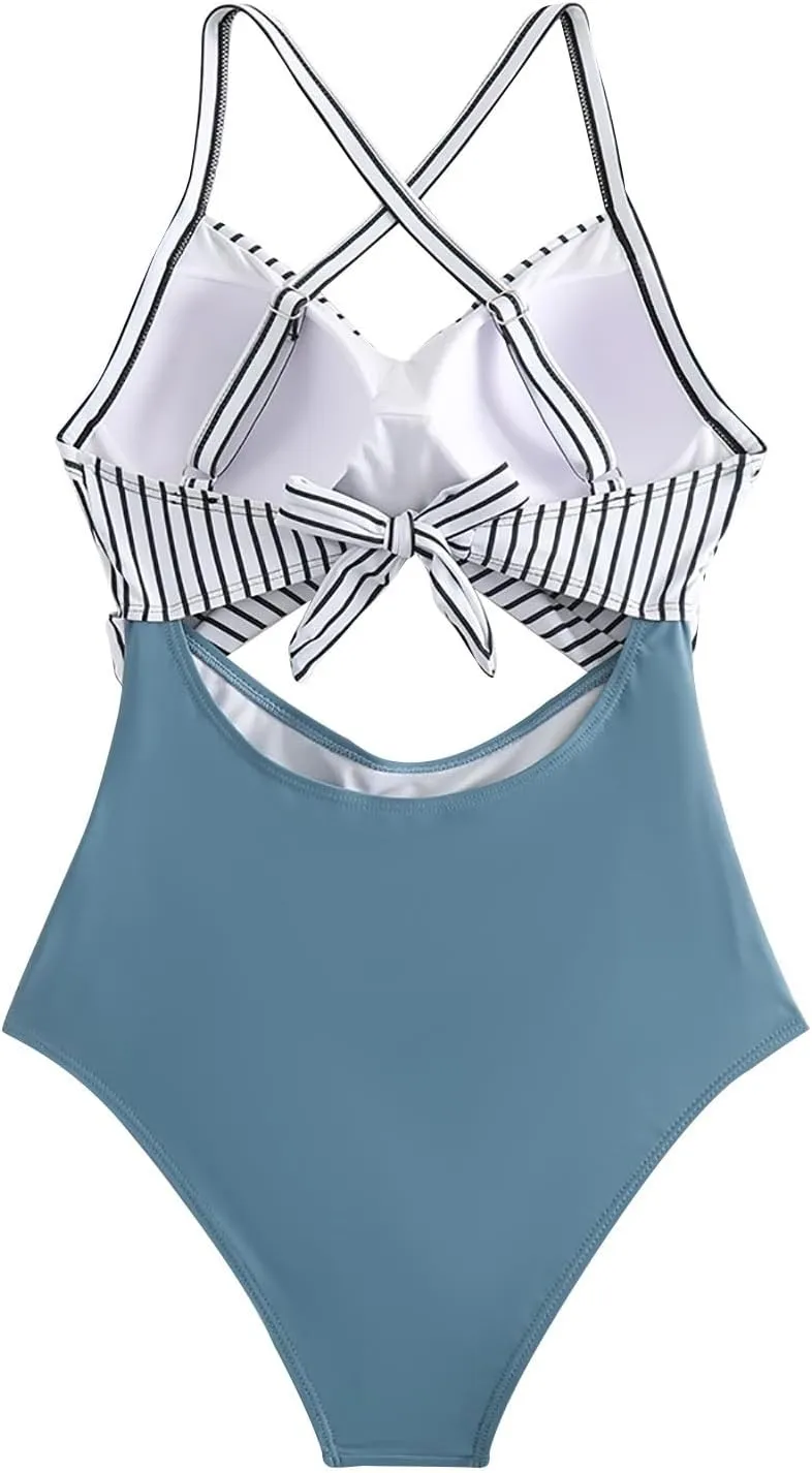 Women's One Piece Swimsuits Tummy Control Cutout High Cut Halter Bathing Suit Crisscross Backless Monokini Swimsuit