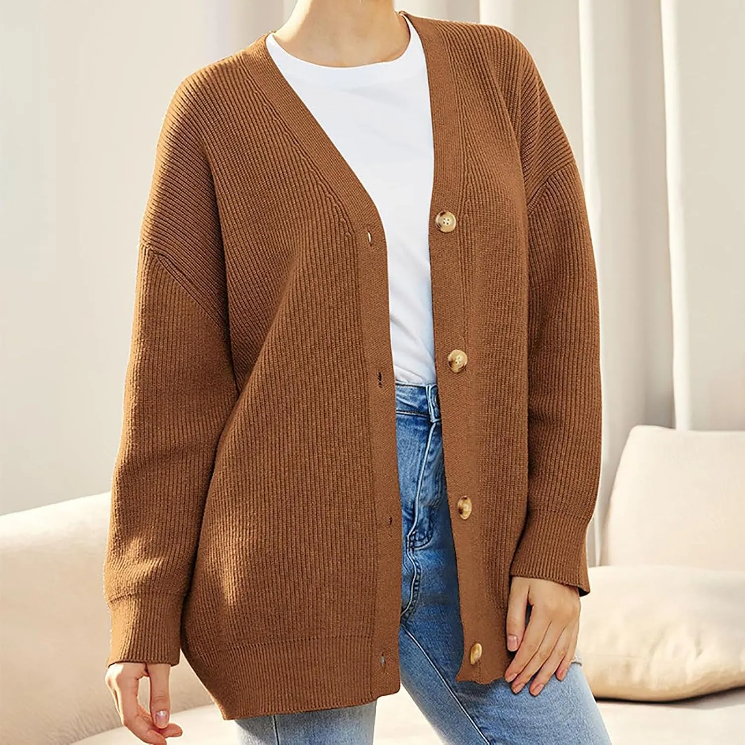 Women's Oversized Cardigan 2023 Button Down Open Front V Neck Solid Cardigans Chunky Knit Loose Casual Dropped Sweaters