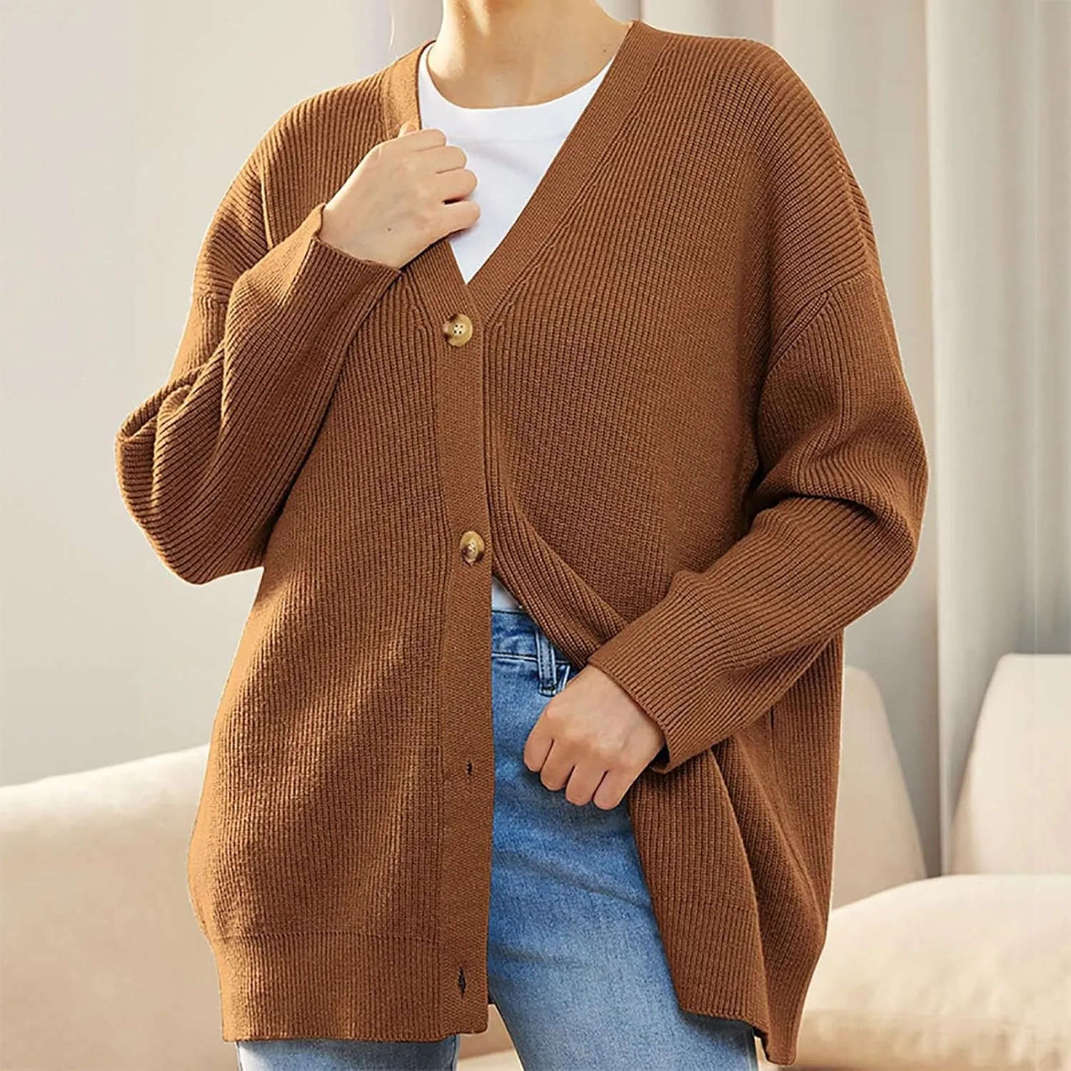 Women's Oversized Cardigan 2023 Button Down Open Front V Neck Solid Cardigans Chunky Knit Loose Casual Dropped Sweaters