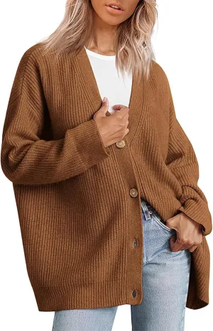 Women's Oversized Cardigan 2023 Button Down Open Front V Neck Solid Cardigans Chunky Knit Loose Casual Dropped Sweaters